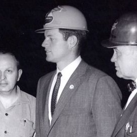 JFKCAMP1960-PH-021 (crop).  Edward M. “Ted” Kennedy with Two Men (during John F. Kennedy's Presidential Campaign), Weirton Steel Company, Weirton, West Virginia, 21 April 1960