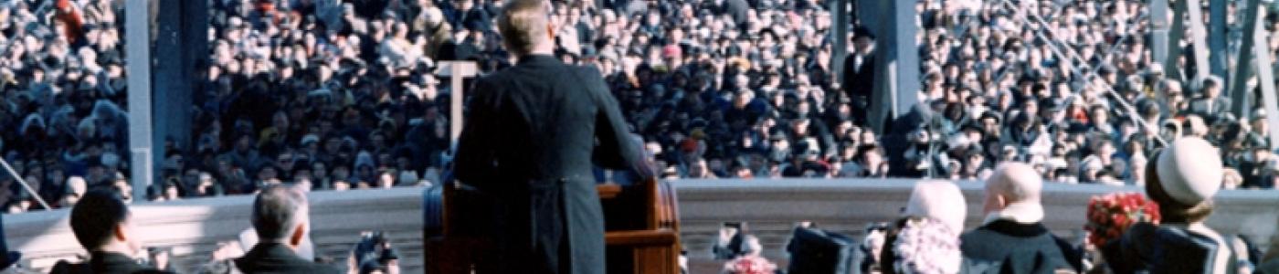 President John F. Kennedy delivers his Inaugural Address during ceremonies at the Capitol, 20 January 1961.