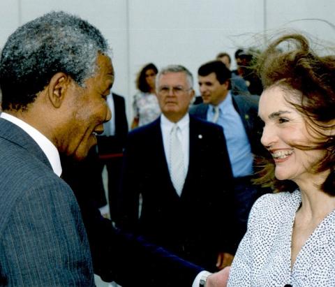 Jacqueline Kennedy Onassis welcomes Nelson Mandela to the Kennedy Presidential Library