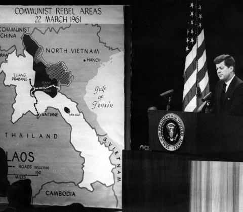 President Kennedy's News Conference of 23 March 1961, with map illustrating Communist Rebel Areas in Laos.