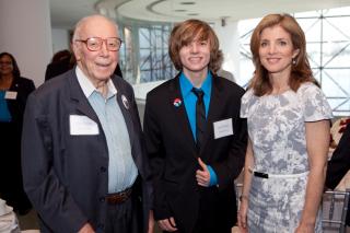 Caroline Kennedy, winner Michael Reed, and former U.S. Congressman Ken Hechler, the subject of the 2010 winning essay. (Photo by Tom Fitzsimmons) 