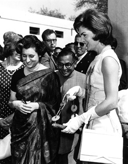 PC2018. First Lady Jacqueline Kennedy and Indira Gandhi in New Delhi, India, 14 March 1962. Photo credit: United States Information Service (India). President's Collection Photographs, John F. Kennedy Presidential Library and Museum, Boston. 