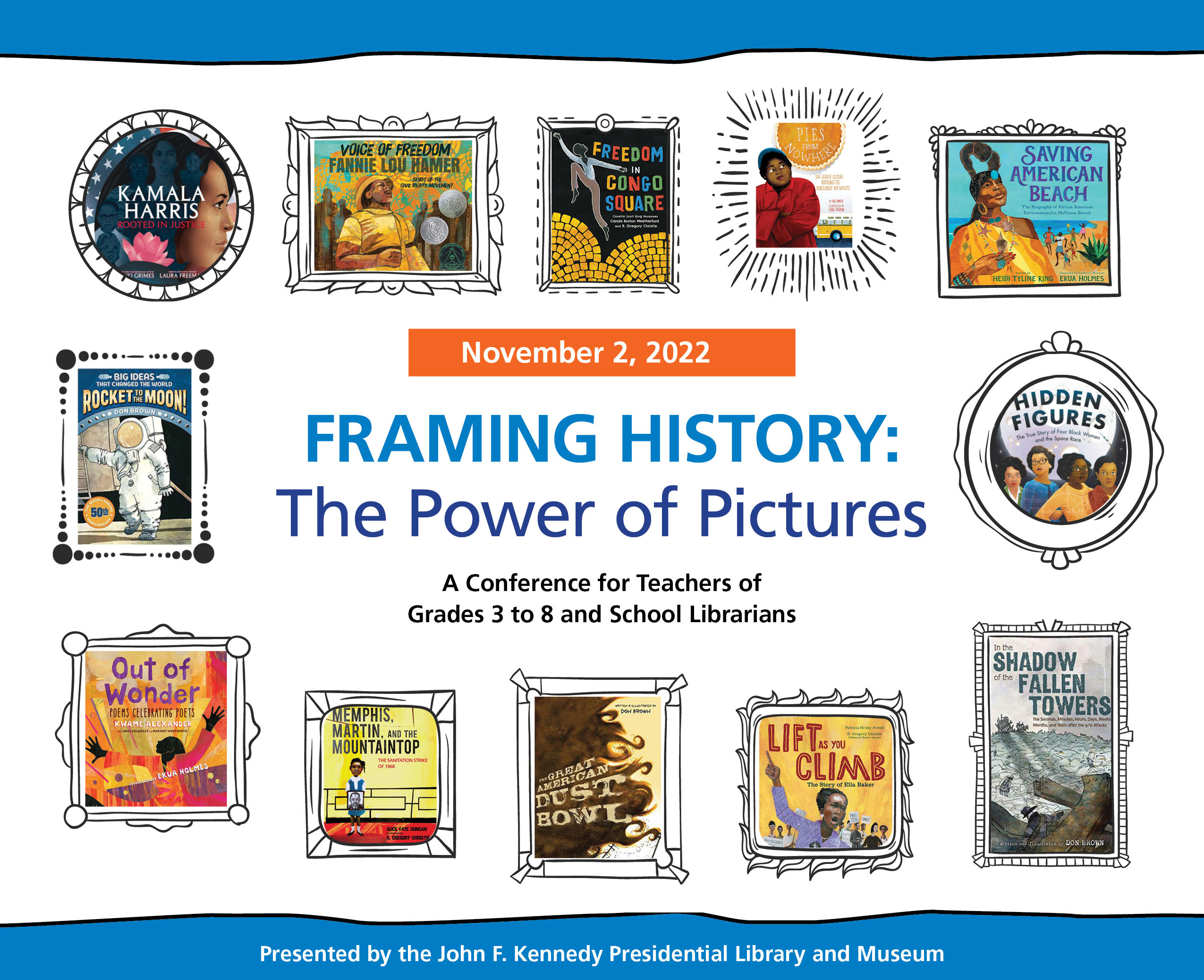 12 framed children's books for the Framing HIstory: The Power of Pictures logo