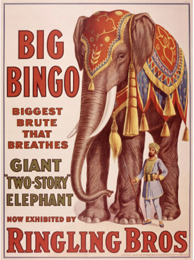A full-color circus poster from the early 1900s featuring an elephant that is over twice the height of its human attendant.