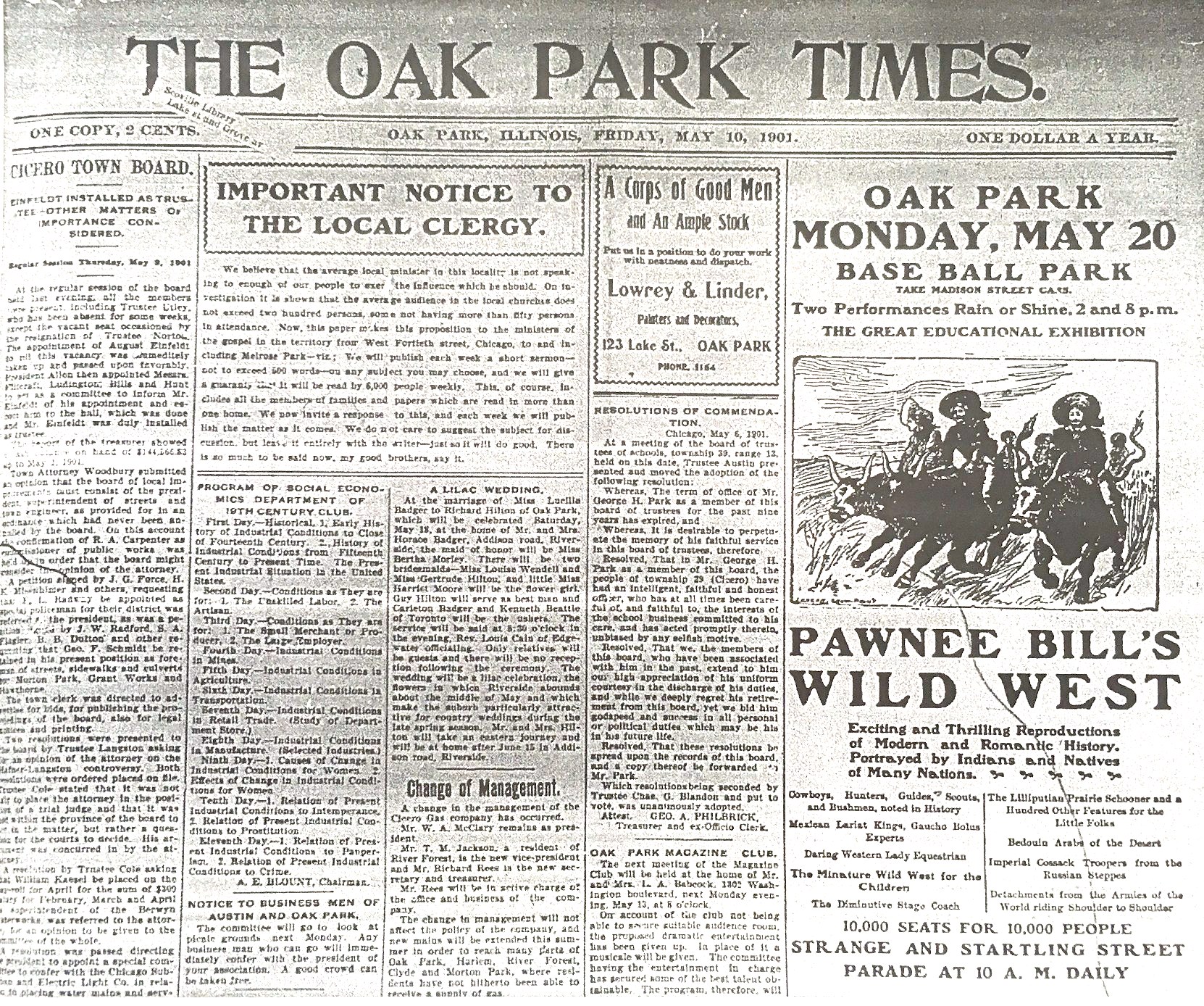 The front page of The Oak Park Times for May 10, 1901.  Pawnee Bill's Wild West show has a double-column advertisement on the right.
