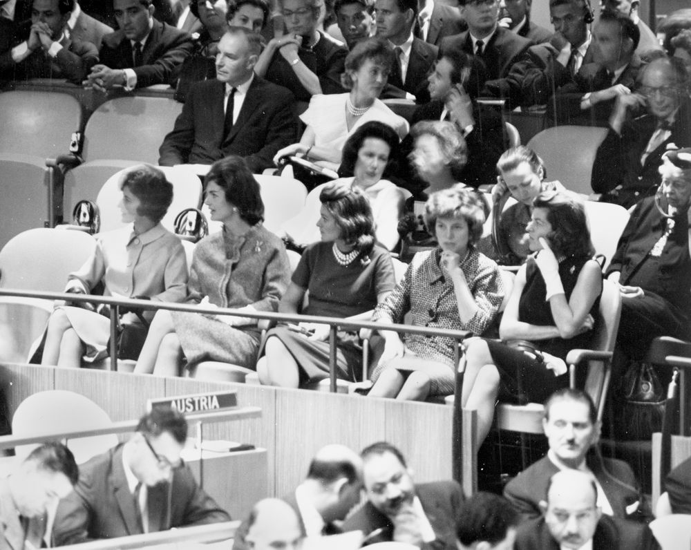 Jackie Kennedy listens to a speech at the UN