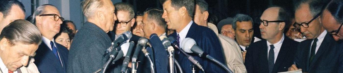KN-C17533. President John F. Kennedy and Chancellor of West Germany Konrad Adenauer Deliver Joint Statement