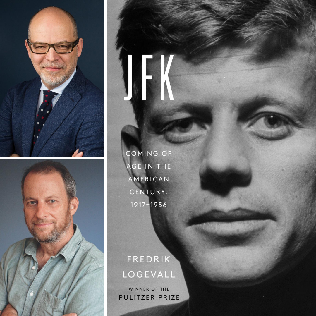 Images of Frederik Logevall, George Packer, and the book cover for JFK: Coming of Age in the American Century