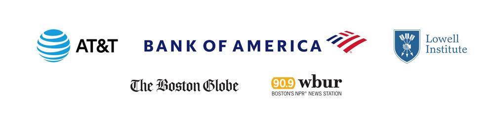 Logos for AT&T, Bank of America, Lowell Institute, The Boston Globe, and WBUR