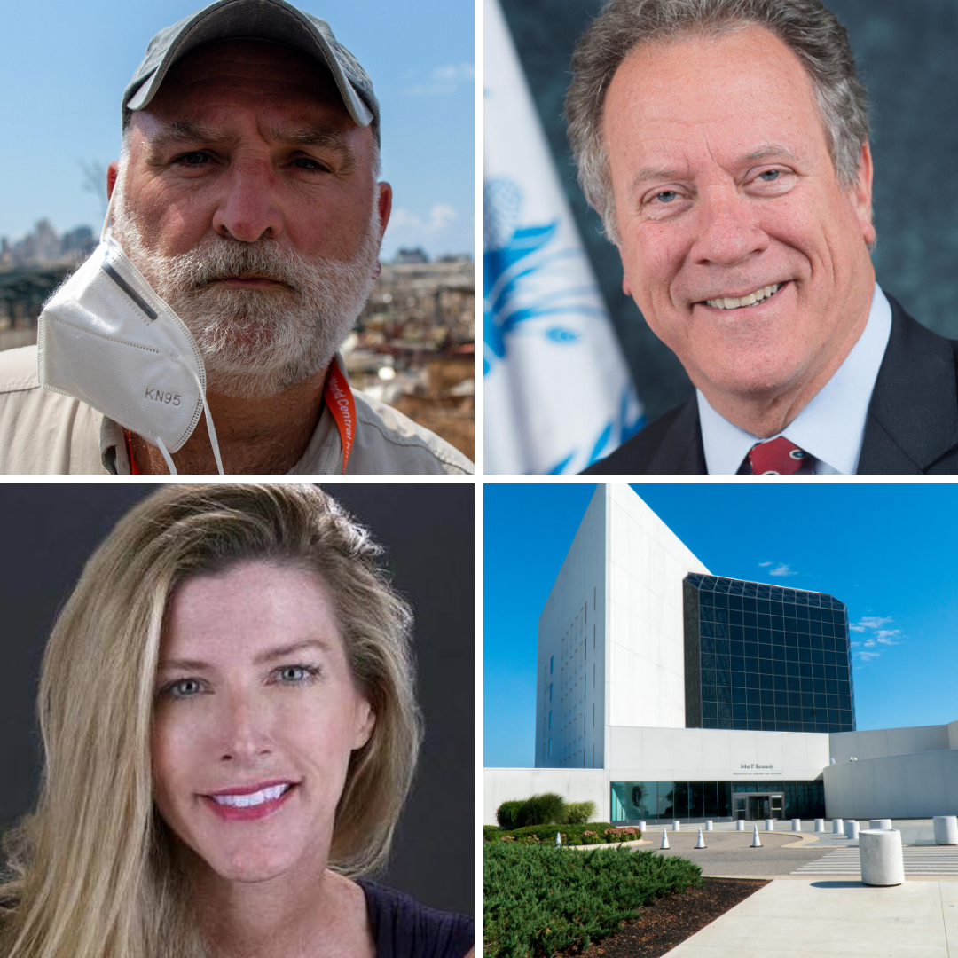 Images of José Andrés, David Beasley, Laura Reiley, and the exterior of the John F. Kennedy Presidential Library and Museum