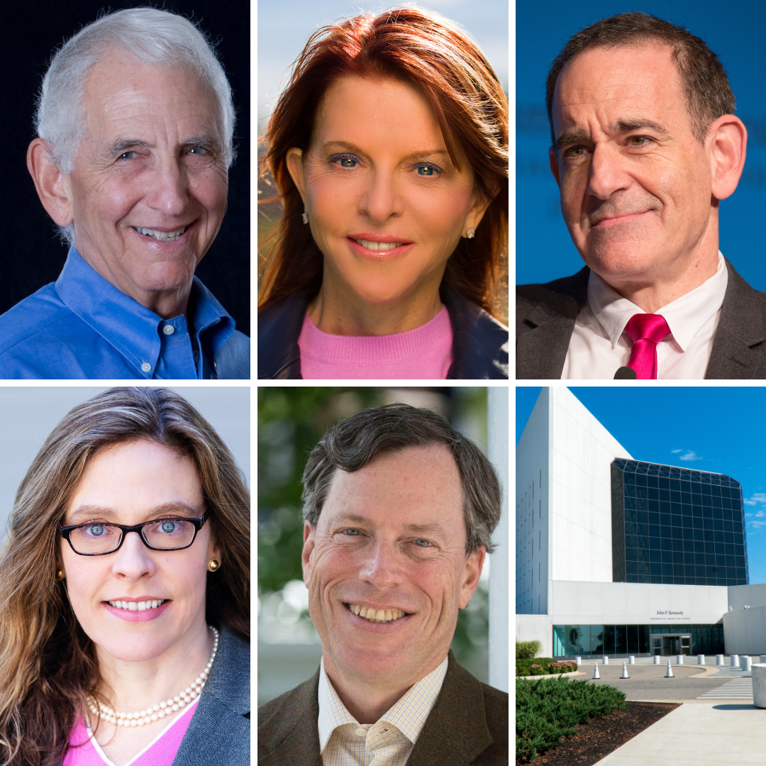 Images of Daniel Ellsberg, Nancy Koehn, Tim Naftali, Mary Sarotte, Philip Zelikow, and the exterior of the John F. Kennedy Presidential Library and Museum