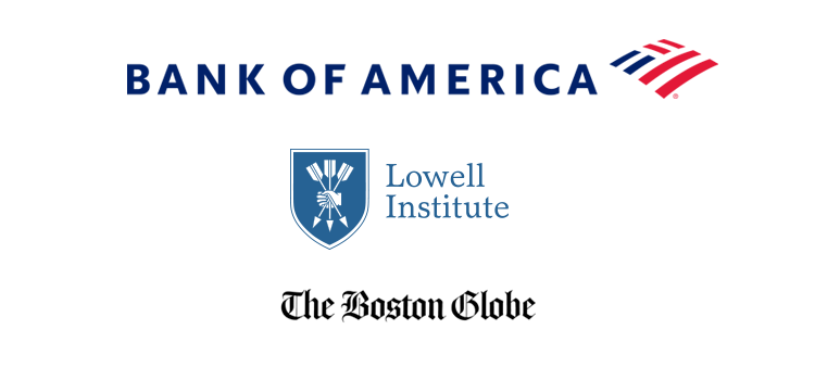 Logos for Bank of America, Lowell Institute, and the Boston Globe