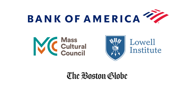 Logos for Bank of America, Mass Cultural Council, Lowell Institute, and The Boston Globe