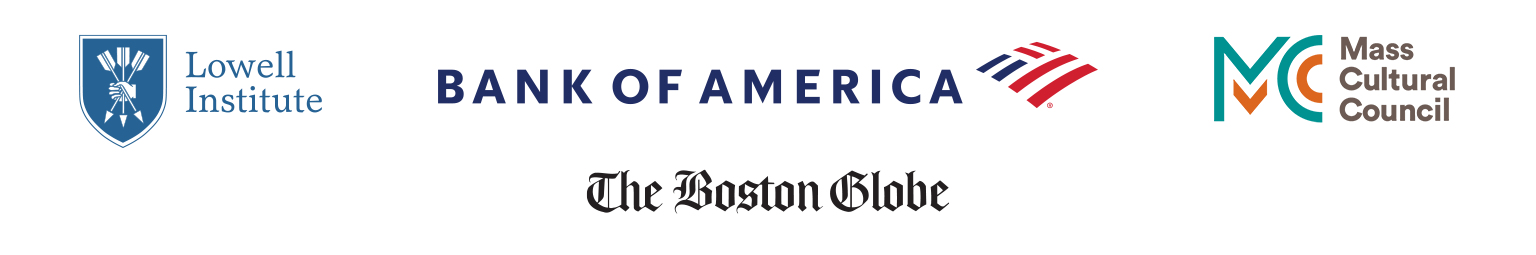 A graphic showing the logos for the Lowell Institute, Mass Cultural Council, and the Boston Globe