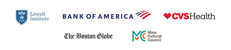 Logos for Lowell Institute, Bank of America, CVS Health, The Boston Globe, and Mass Cultural Council