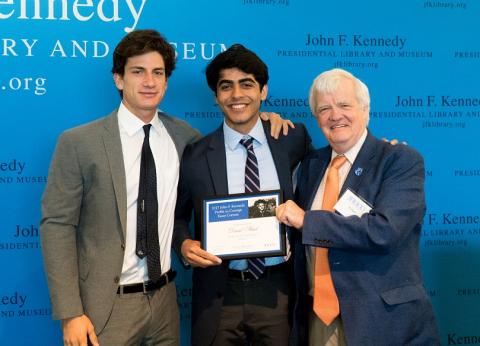 Jack Schlossberg (left) and Al Hunt (right), chair of the Profile in Courage Award Committee, honor Daud Shad of Mountain Lakes High School in Mountain Lakes, New Jersey, winner of the 2017 Profile in Courage Essay Contest.