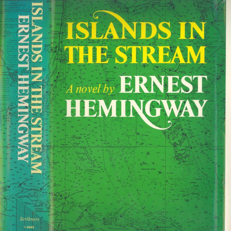 A scan of the 1st edition dustjacket of Hemingway's Islands in the Stream.  The background image is a nautical map done in black on green.  The title appears in yellow; the author's name in white.